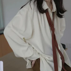 Autumn Minimalist Long Sleeve Button Up Shirt Women Korean Style Solid Tie Oversize Shirts Blouse Loose Clothes Autumn Tops