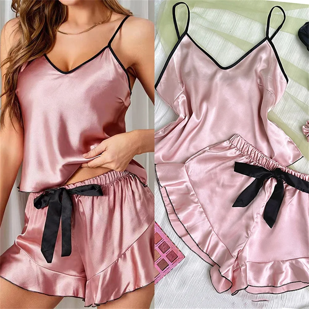 Women's Smooth Satin Pajamas V-Neck T-Shirt Ruffled Edges And Bow Shorts Simple And Breathable Pajama Set Sling Home Clothing - Image 3