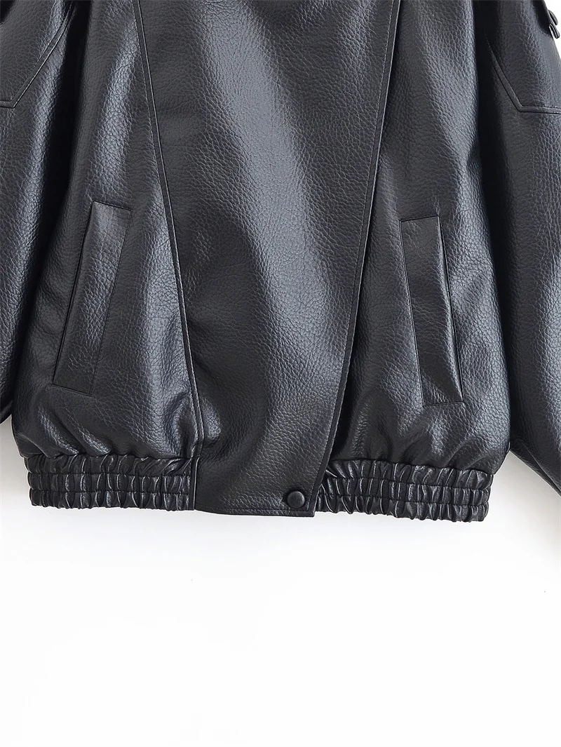 Women's Jacket Fall 2025 New Black Long Sleeve Pebble Faux Leather Jacket Motorcycle Style Personality Fashion - Image 4