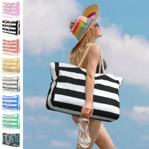 Striped zipper outer bag for outdoor travel and vacation, waterproof and sand resistant canvas, convenient folding beach bag-zmt