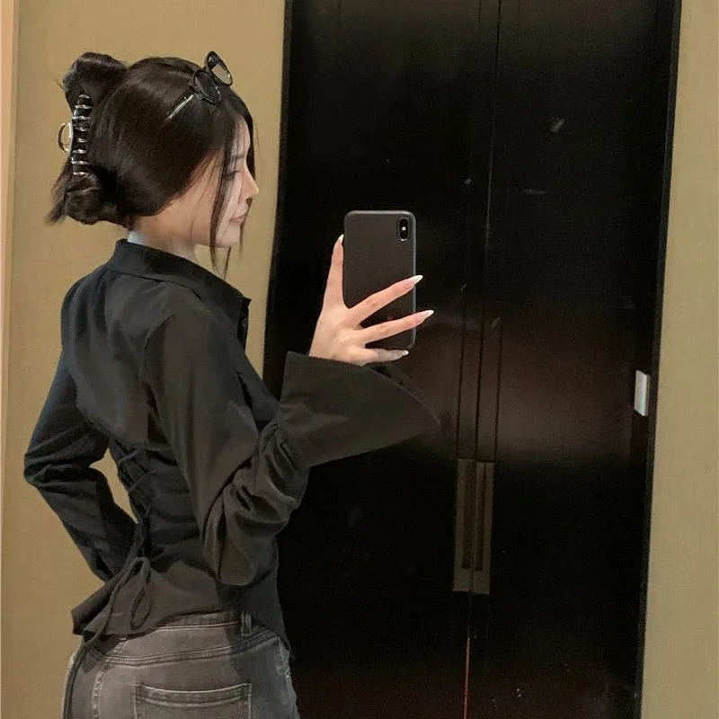 Fashion Women Bandage Shirts Korean All Match Streetwear Female Slim Blouse Spring Casual White Bell Sleeve Shirt New - Image 4