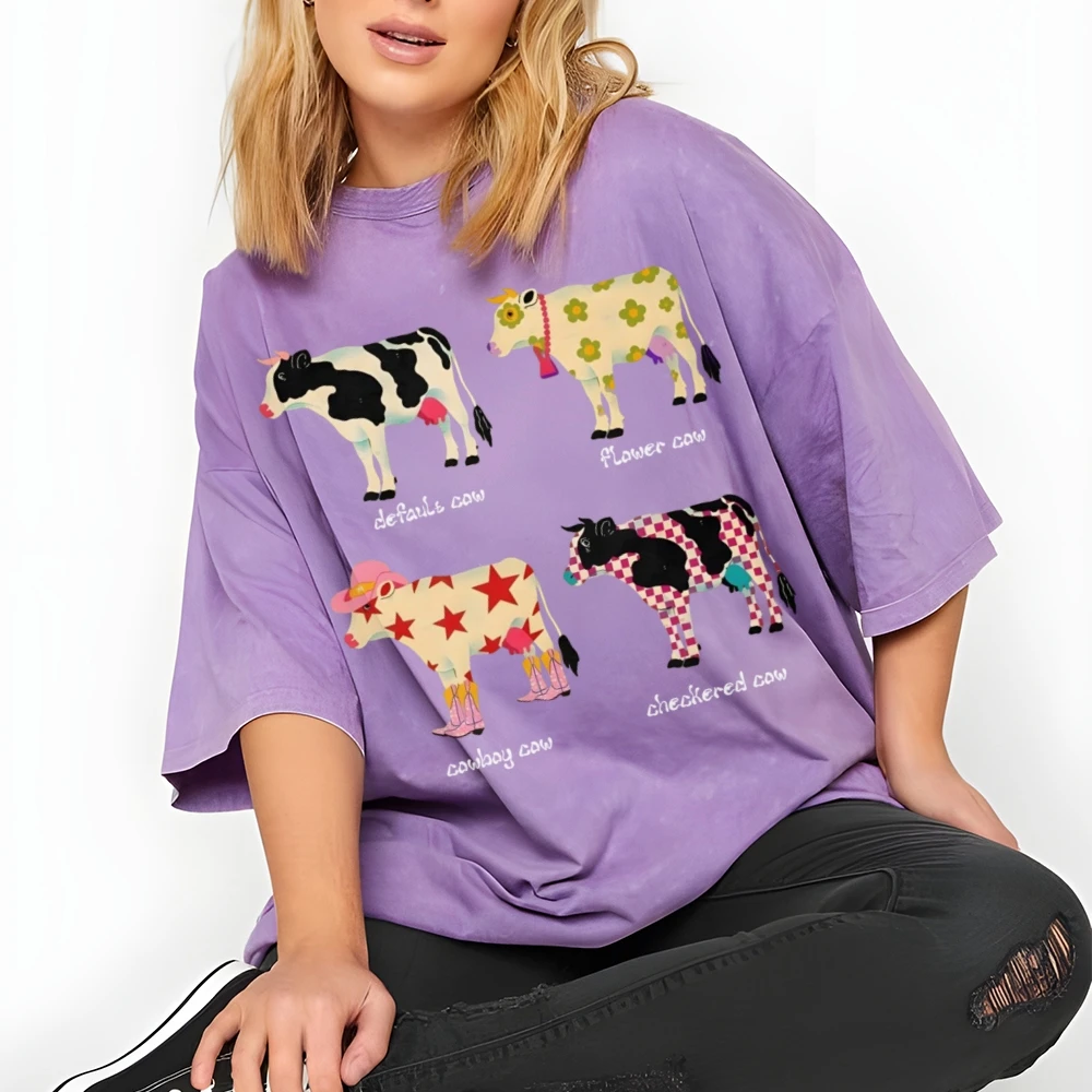 Cute Cartoon Cow Print T-Shirt Pure Cotton Washed Shoulder Round Neck Neutral Style Fashion Trend New High Quality Short Sleeves - Image 6