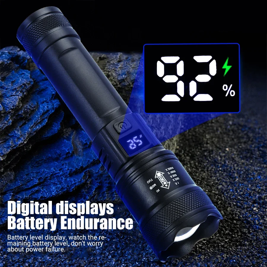 High Strong Power Led Flashlights 2000LM Tactical Torch with Display Light USB Charging Camping Fishing Emergency Zoom Lantern - Image 5