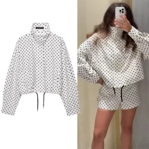 Polka Dot Print Short Coats Women's High Street Long Sleeve Jackets for Women 2025 Elegant Office Ladies Casual Outerwear