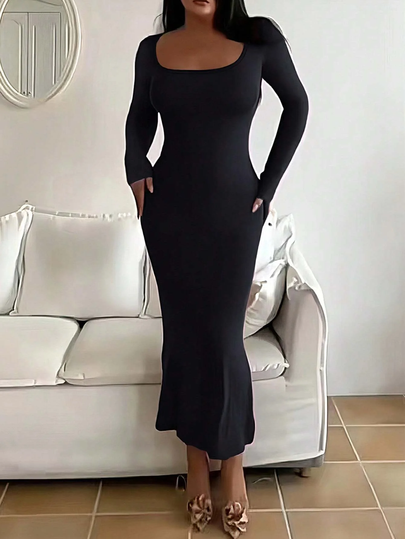 Women's Solid Long Sleeve Bodycon Dress, Chic Basic Minimalist Causual Fashion Scoop Neck Long Dress, Womenswear - Image 3