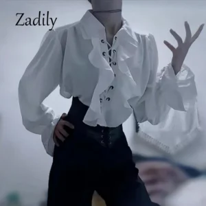 Victorian Style Women's Gothic Blouse Vintage Renaissance Pirate Prince Poet Shirt with Frills Lace-Up Medieval Buccaneer Top