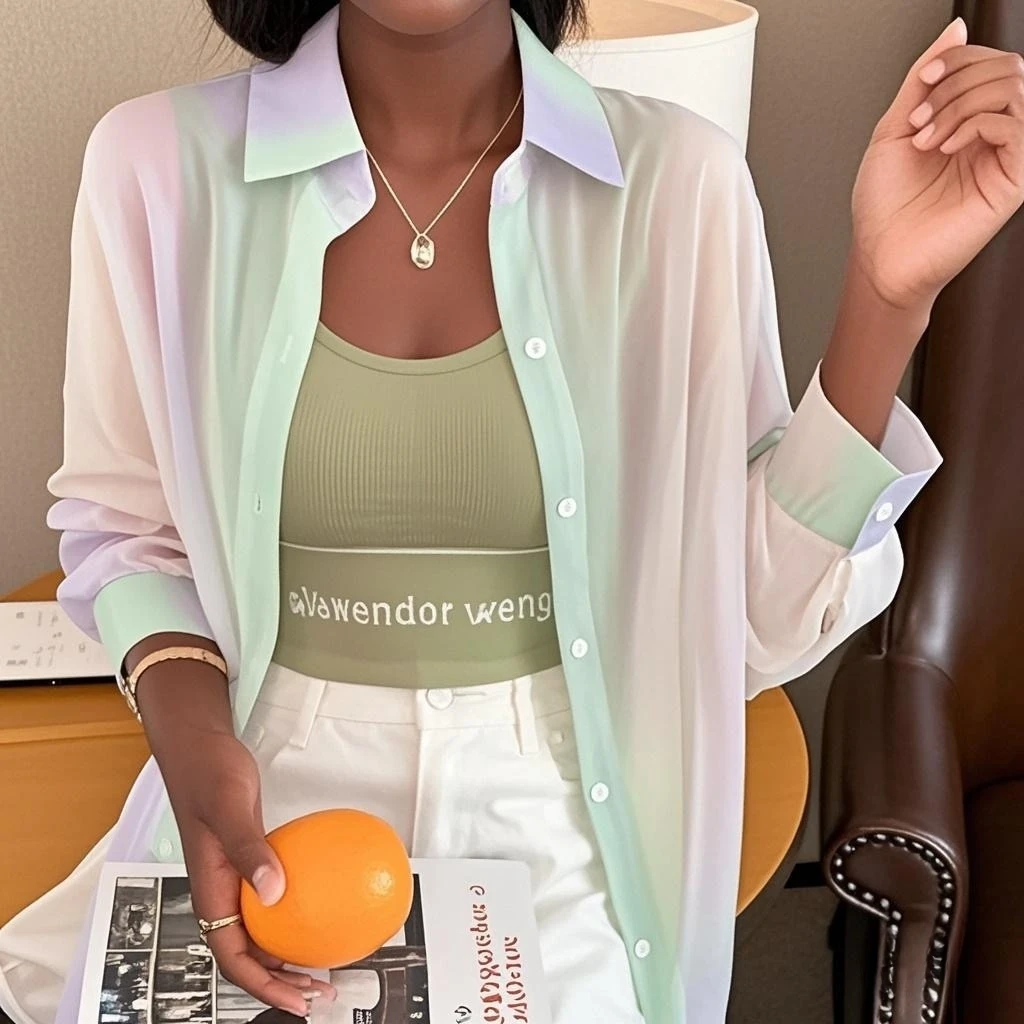 See-through Irregular Gradient Rainbow Long Sleeved Shirt And Blouses Thin For Women Clothes Loose Top Pink Casual Fashion Trend - Image 5