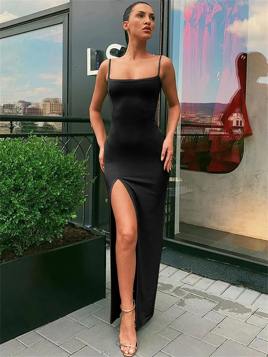 Women Summer Sexy Bodycon Dress Lady Sexy Spaghetti Strap Sleeve Split Solid Color Sheath Dress Vestidos - Image 3