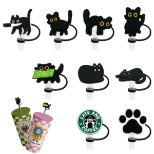 Animal Black Cat Silicone Straw Covers For Stanley Water Glass Bottle Drinking Dust Cap Straw Tip Cover Cup Accessories For 10mm
