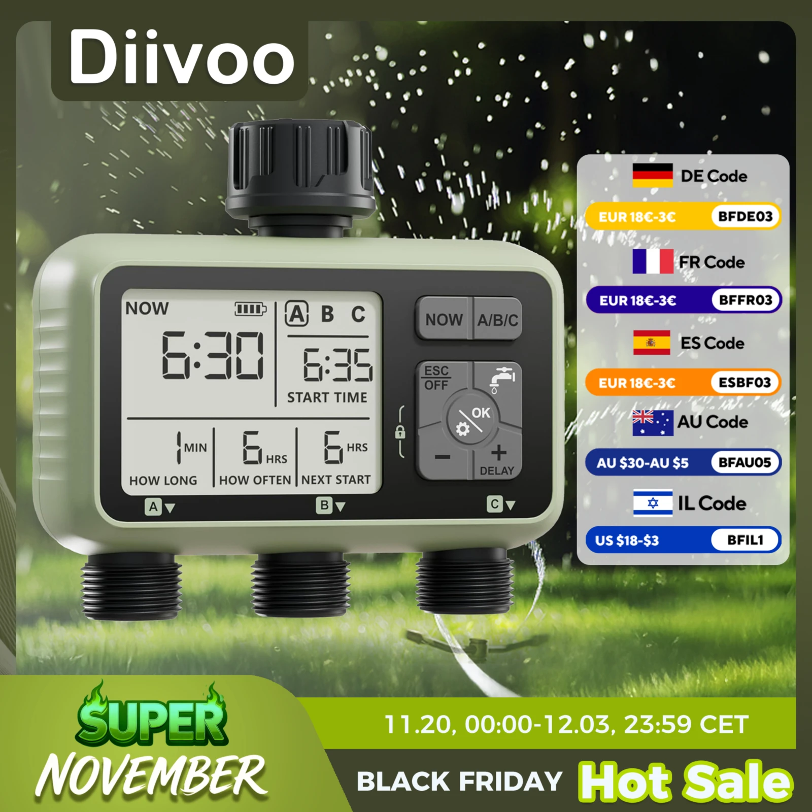 Diivoo Garden Water Timer 3 Zone Programmable Automatic Irrigation Timer with Rain Delay Manual/Auto Mode Watering for Lawn Yard