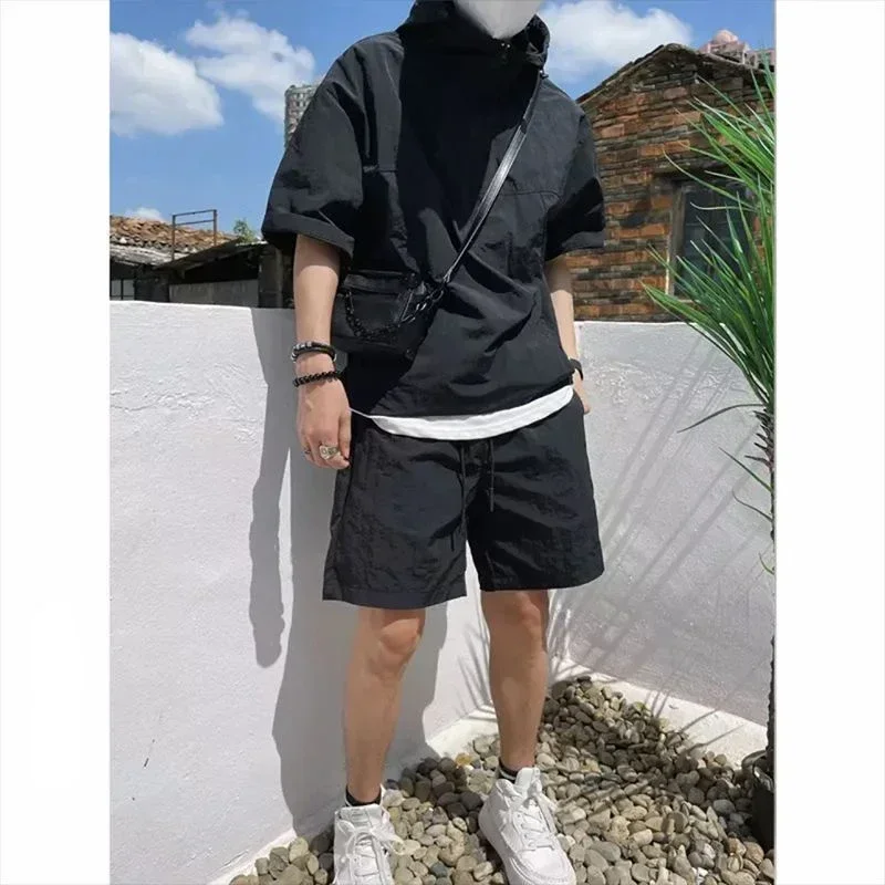 Summer Cargo Style Set Men's Casual Hooded Solid Short Sleeve T-shirt Shorts Loose Fashion High Quality Handsome Sweatshirt Suit - Image 5