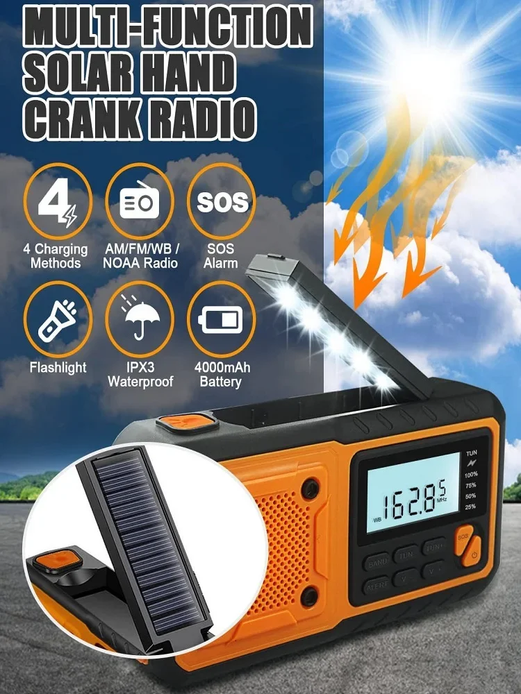 Light 4000mAh Emergency Radio WB FM/AM Portable Solar Hand Crank Weather Radio SOS Alarm Led Reading Flashlight Power Bank - Image 3