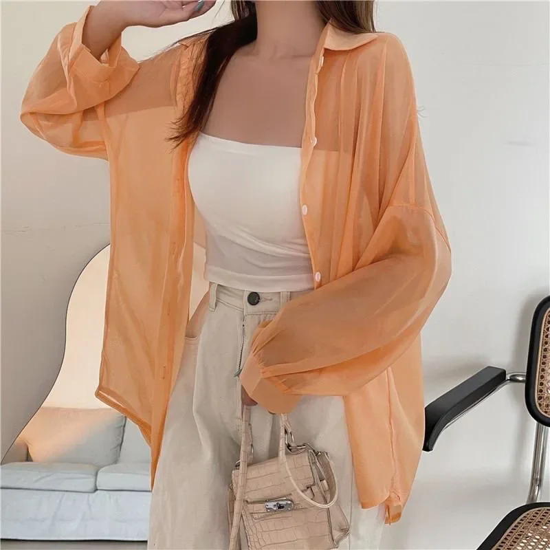 Xpqbb Women's White Chiffon Shirt Sheer Thin Long Sleeve Sun Protection Blouse Woman Casual Loose Simple Single-breasted Shirts - Image 5