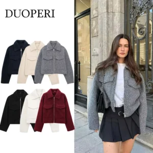 DUOPERI Women Fashion Winter Autumn Fleece Cropped Jacket Lapel Collar Long Sleeves Female Chic Lady Casual Short Outwear