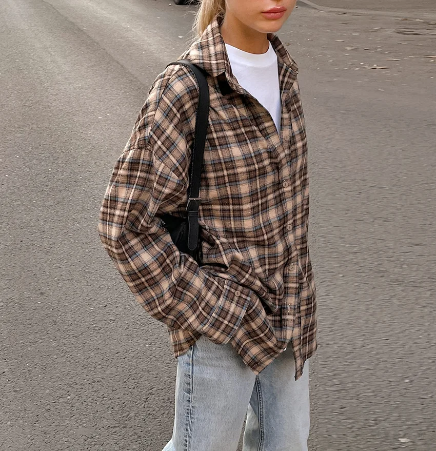 Spring Autumn Vintage Plaid Checkered Shirt Women's Long Sleeve Blouse Loose Single Breasted Casual Shirt - Image 4