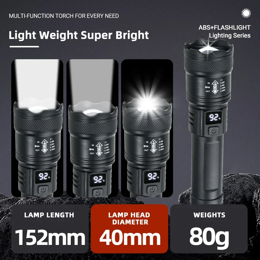 High Strong Power Led Flashlights 2000LM Tactical Torch with Display Light USB Charging Camping Fishing Emergency Zoom Lantern - Image 4