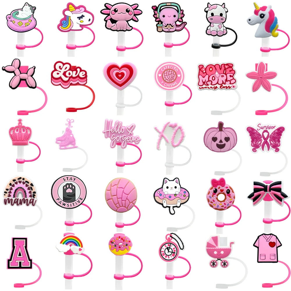 1-30PCS Straw Cover Cap Pink Casual Accessories for Tumbler Cup,Silicone Straw Cap Heart Cat,Washable Dustproof Straw Topper