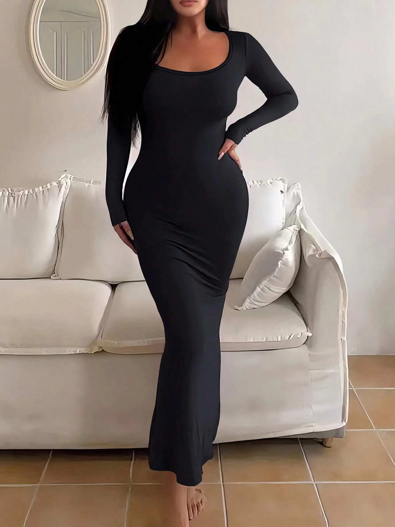 Women's Solid Long Sleeve Bodycon Dress, Chic Basic Minimalist Causual Fashion Scoop Neck Long Dress, Womenswear - Image 4