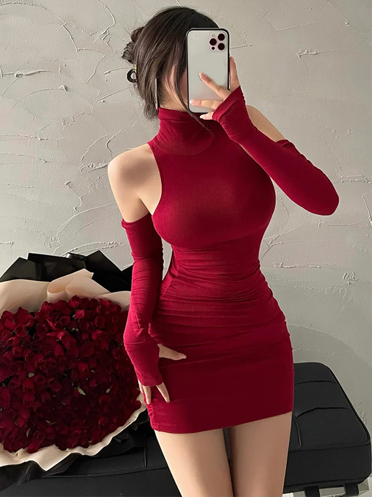 Summer Sexy High Neck Tight Dress Oversleeve Pleated Bottom Wrapped Hip Dress Women Bodycon - Image 2
