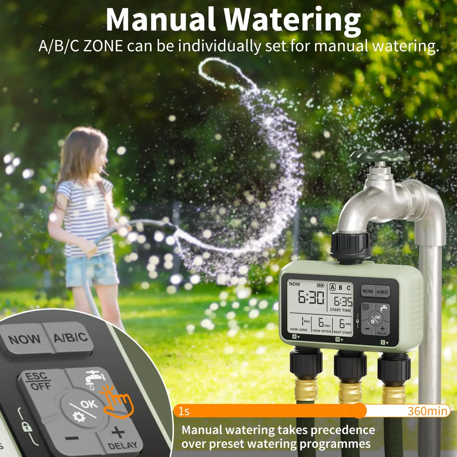 Diivoo Garden Water Timer 3 Zone Programmable Automatic Irrigation Timer with Rain Delay Manual/Auto Mode Watering for Lawn Yard - Image 6