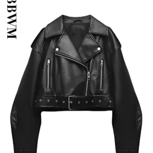 Women Oversized Vintage Loose Pu Faux Leather Short Jacket with Belt Streetwear Female Zipper Retro Moto Biker Coat Outwear