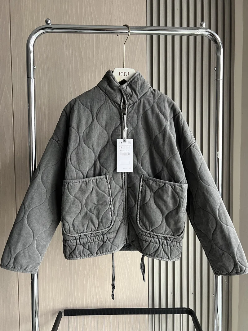 ZW Women's Cotton Jacket 2025 New Arrival Vintage Lenzing Rayon High Collar Large Pocket Decorative Quilted Coat for Women