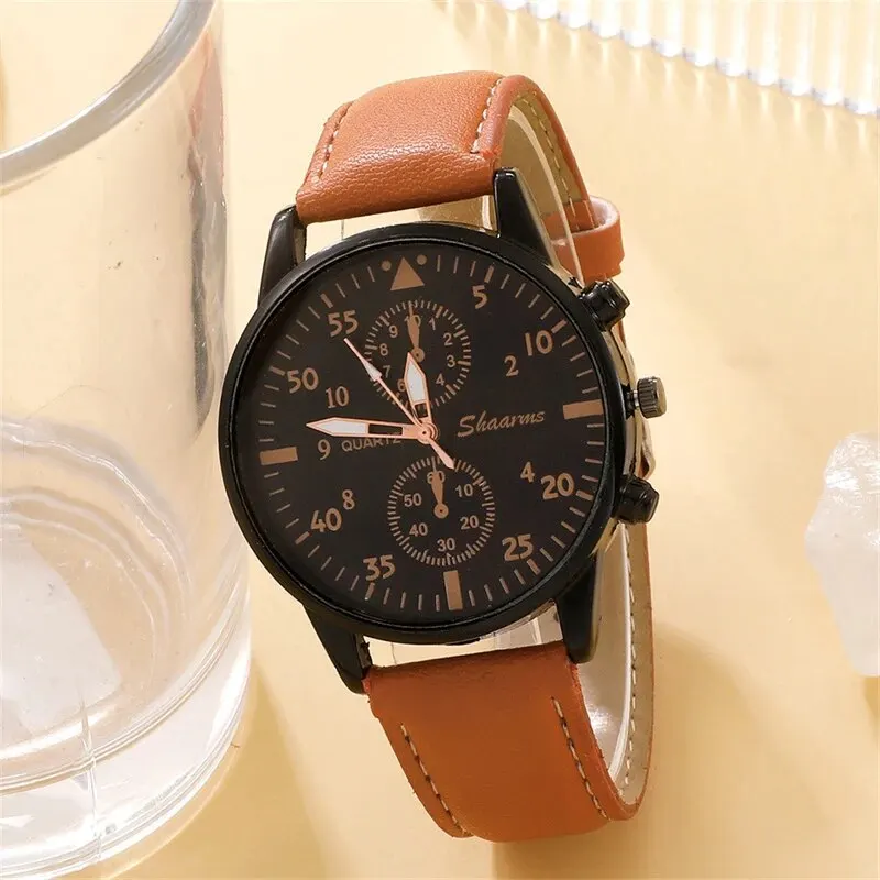 New Men Watch Luxury Bracelet Set Fashion Business Brown Leather Quartz Wrist Watches for Men Gift Set Relogio Masculino - Image 5