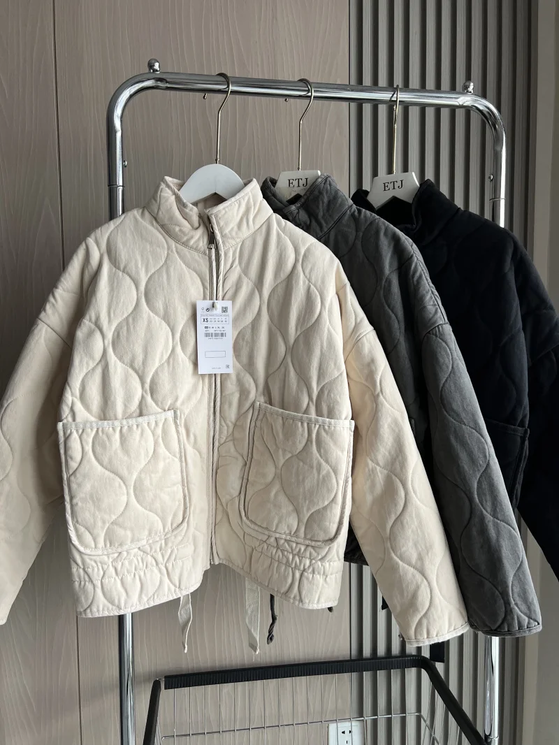 ZW Women's Cotton Jacket 2025 New Arrival Vintage Lenzing Rayon High Collar Large Pocket Decorative Quilted Coat for Women - Image 2