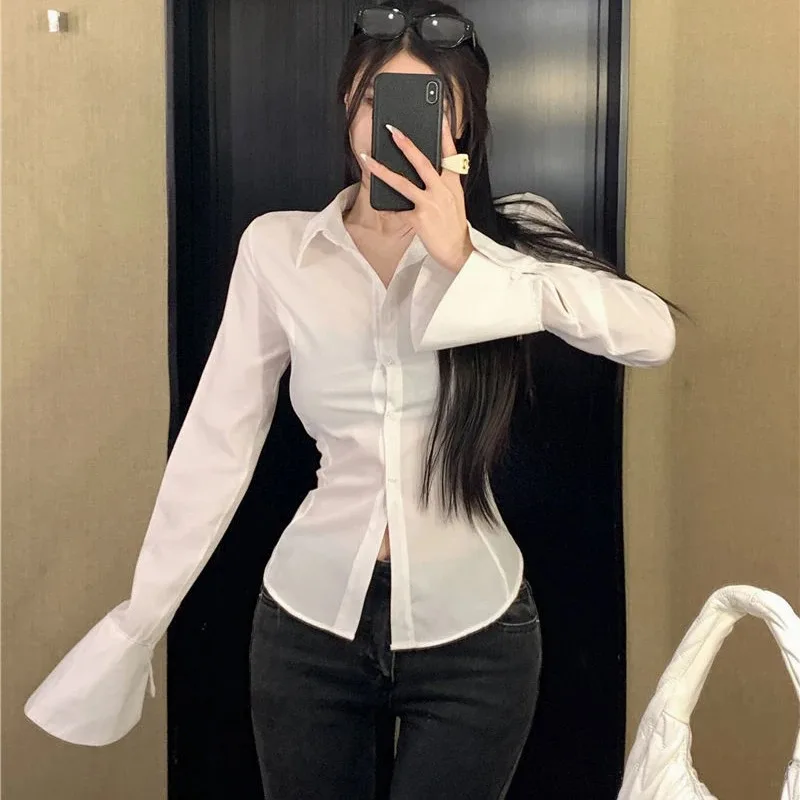 Fashion Women Bandage Shirts Korean All Match Streetwear Female Slim Blouse Spring Casual White Bell Sleeve Shirt New - Image 3