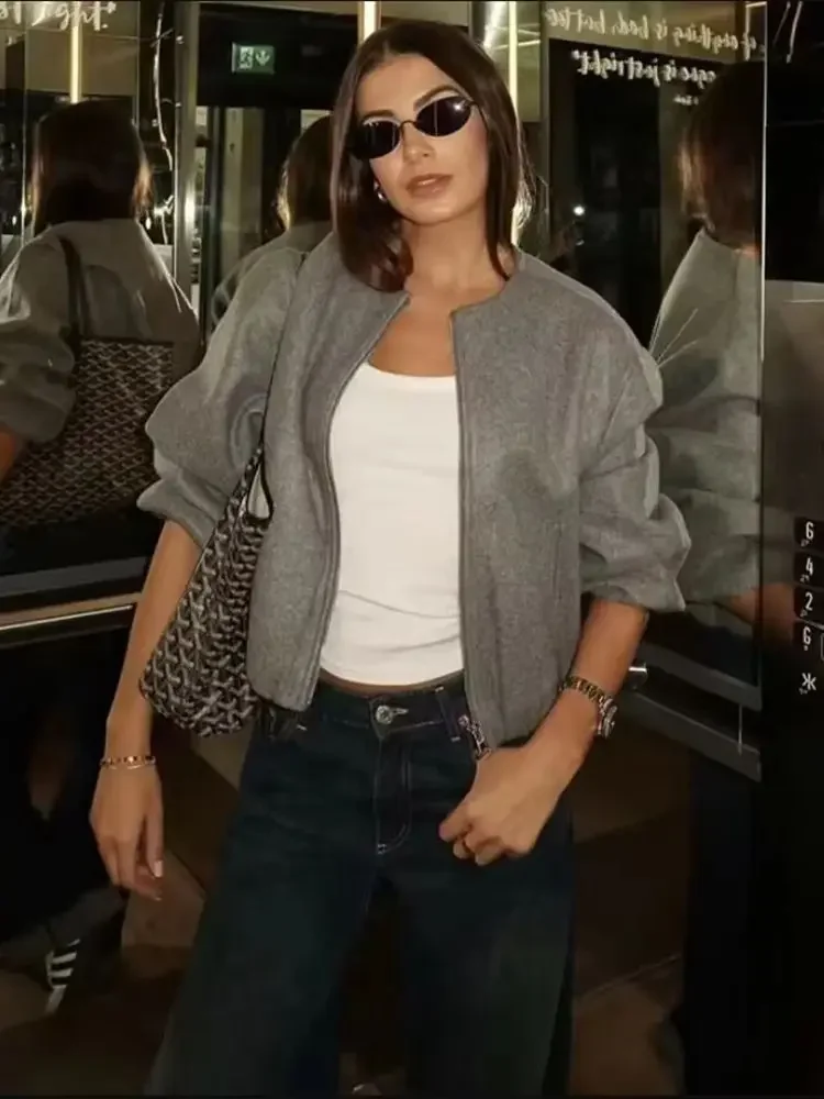 Ladies Fashion Autumn Winter Jacket Women Retro Round Neck Long Sleeve Elastic Hem Zipper Soft Bomber Jacket Women Coat Female - Image 6