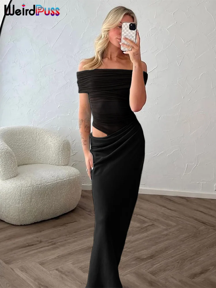 Weird Puss Ruched Irregular Dress Women Mesh Patchwork Slash Neck Short Sleeve Skinny Stretch Trend Elegant Long Bodycon Outfits - Image 2