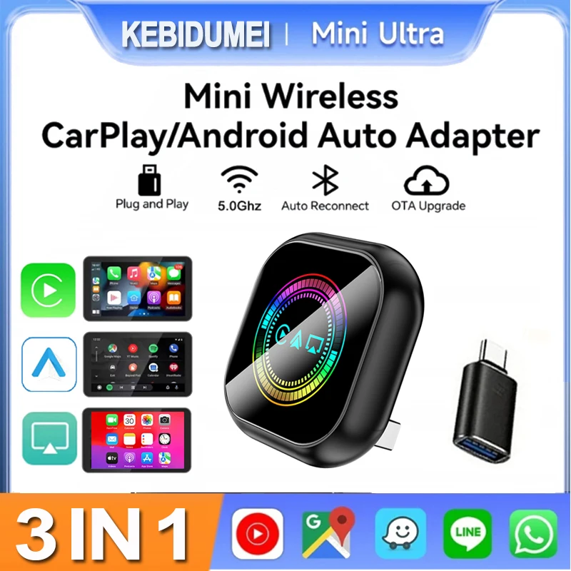 3 in 1 Wireless CarPlay Airplay for Apple Smart AI Box Mini Android Auto Mirror Link Adapter For Android For Car OEM GPS System
