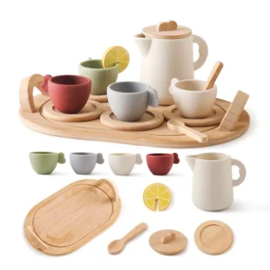 Wooden Children Montessori Toy Teapot Teacup Simulation Kitchen Utensil BPA Free Silicone Kid Education Pretend Play Toy Gift