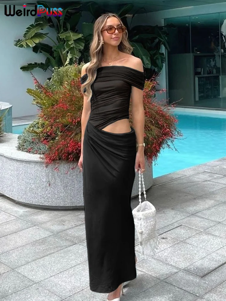 Weird Puss Ruched Irregular Dress Women Mesh Patchwork Slash Neck Short Sleeve Skinny Stretch Trend Elegant Long Bodycon Outfits - Image 5