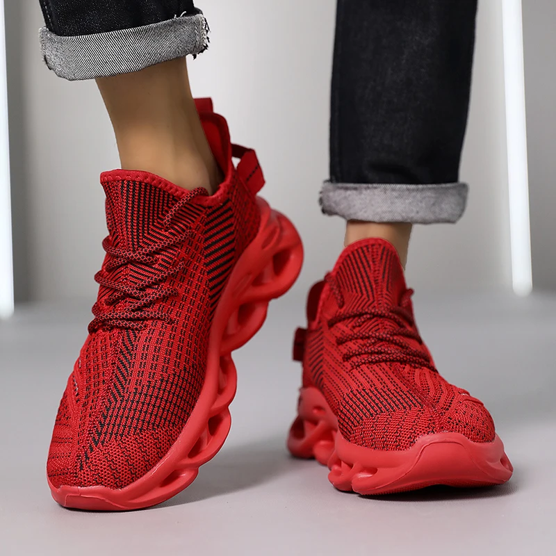 Men Shoes Comfortable Sneakers Breathable For Mesh Tennis Sports Running Waling Outdoor Red Flying Weave Women Slip-on Gym Shoes - Image 2