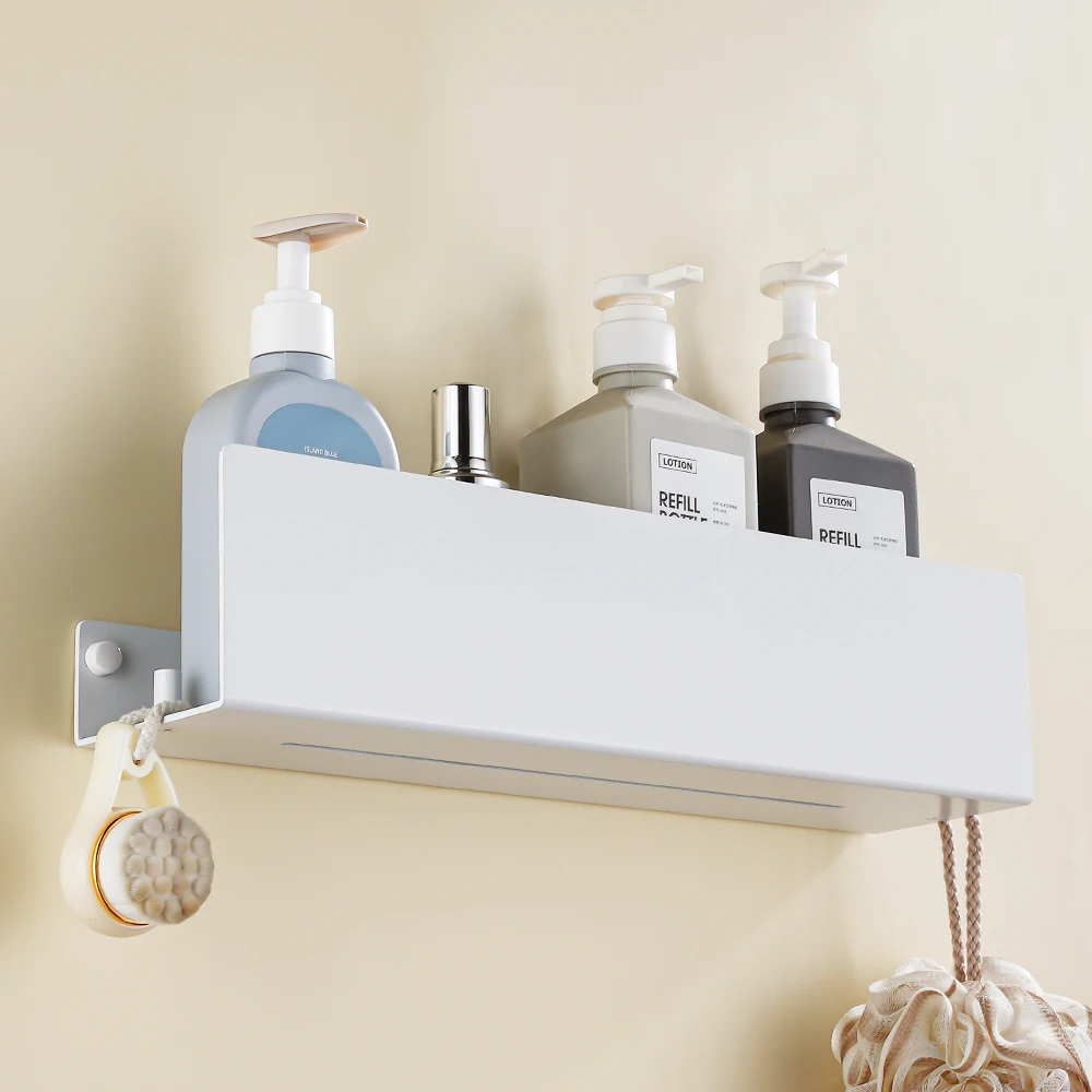 White Shower Shelf With Hook Aluminium Bathroom Items Toilet Wc Corner Bath Caddy Shampoo Storage Rack Kitchen Wall Organizer - Image 4