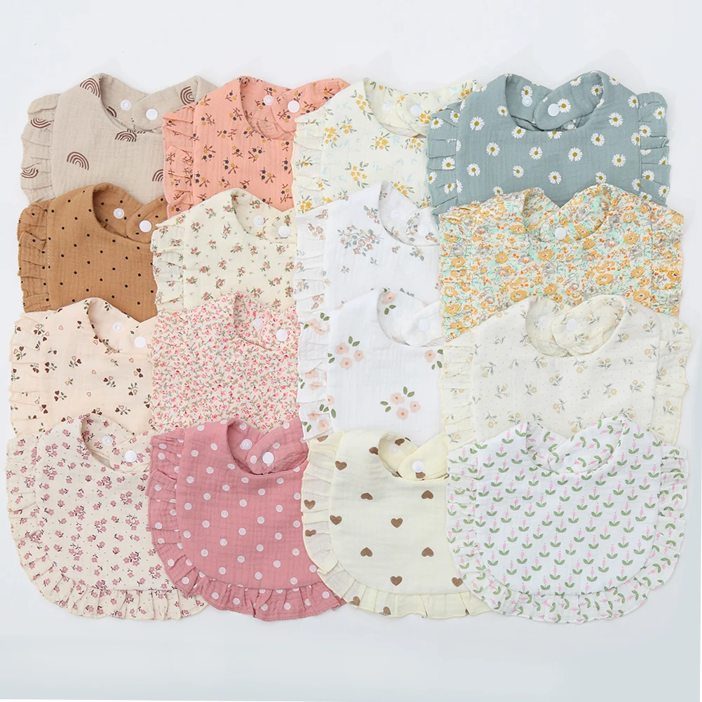 Flower Print Baby Bibs Adjustable Snap Saliva Towel Ruffled Edge Muslin Cotton Burp Cloths Rainbow A Grade Girls Feeding Scarf - Image 2