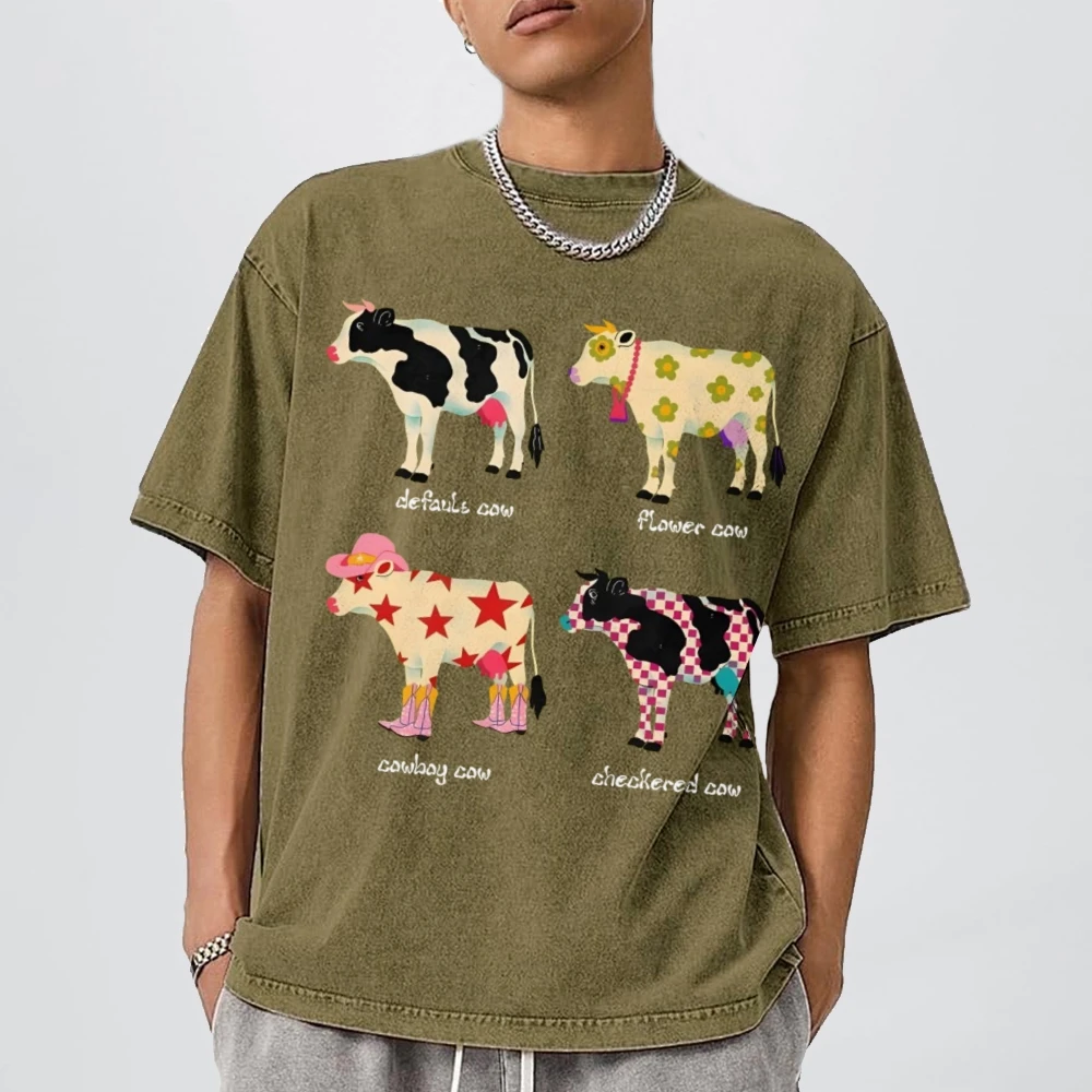 Cute Cartoon Cow Print T-Shirt Pure Cotton Washed Shoulder Round Neck Neutral Style Fashion Trend New High Quality Short Sleeves - Image 5
