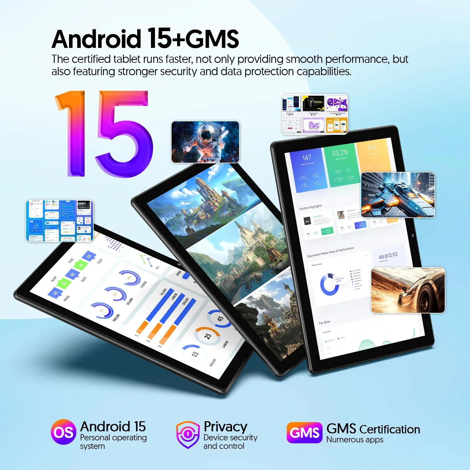 BAKEN 10-inch Android 15 tablet, quad-core processor, 12GB (3+9 expansion) RAM + 64GB storage, 5G WiFi, 1280*800 dual cameras - Image 2