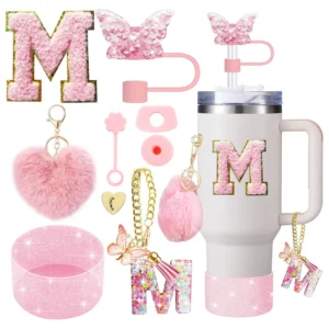 9PCS Accessory Set for Stanley Cup 30oz 40oz Butterfly Straw Cover Cap Silicone Boot Charm Initials Sticker Spill Proof Stopper