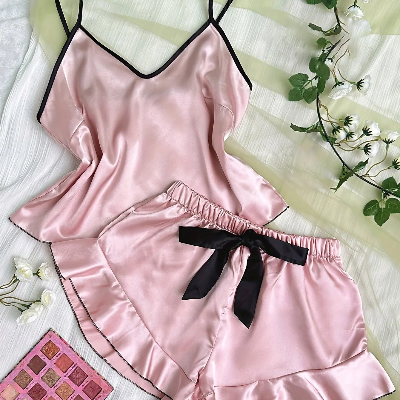 Women's Smooth Satin Pajamas V-Neck T-Shirt Ruffled Edges And Bow Shorts Simple And Breathable Pajama Set Sling Home Clothing - Image 6