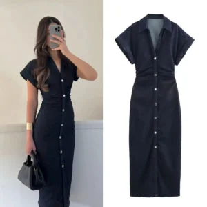 Spring New 1975 series denim MIDI dress with lapel side zipper fashion wrinkle waist slim elegant dress