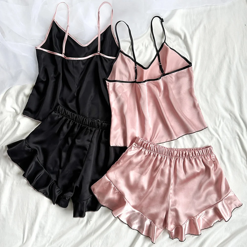Women's Smooth Satin Pajamas V-Neck T-Shirt Ruffled Edges And Bow Shorts Simple And Breathable Pajama Set Sling Home Clothing - Image 2