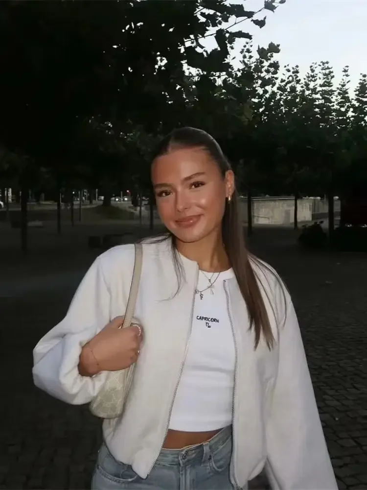 Ladies Fashion Autumn Winter Jacket Women Retro Round Neck Long Sleeve Elastic Hem Zipper Soft Bomber Jacket Women Coat Female - Image 2