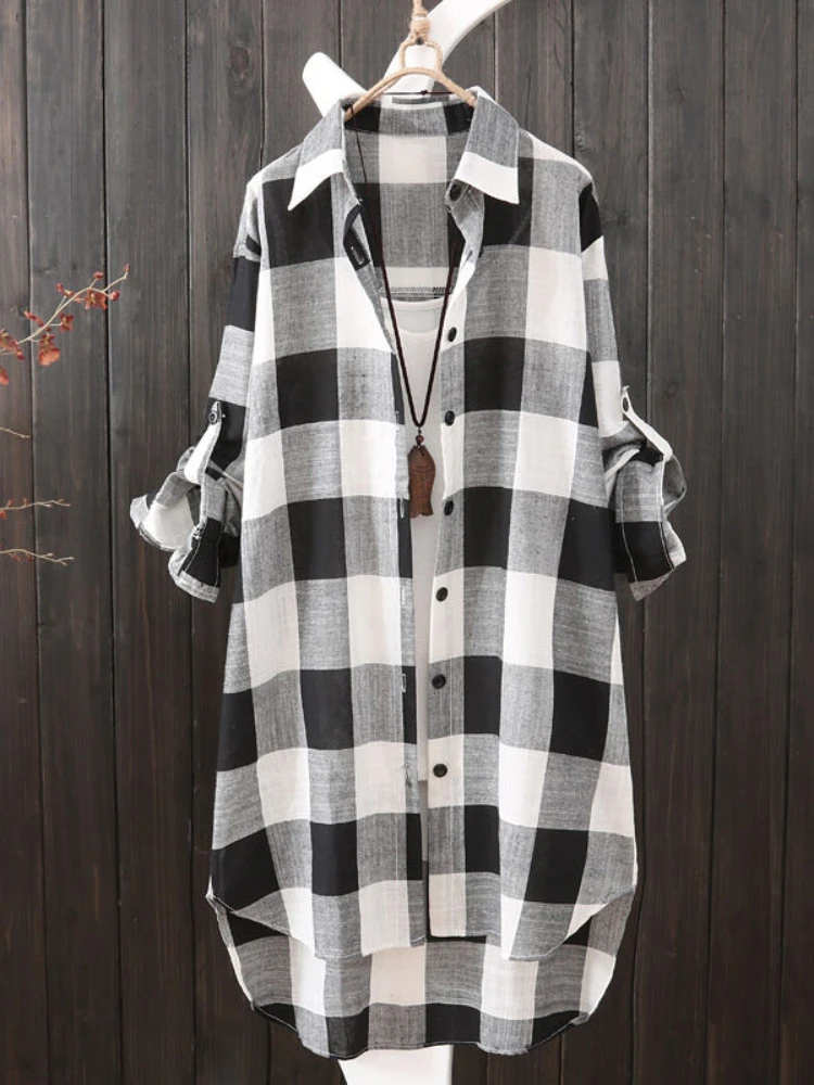 Plus Size Loose Plaid Blouse Women Cotton Shirt Female Mid Length Autumn Long Sleeve Blouse Casual Winter Korean Style Outwear - Image 4