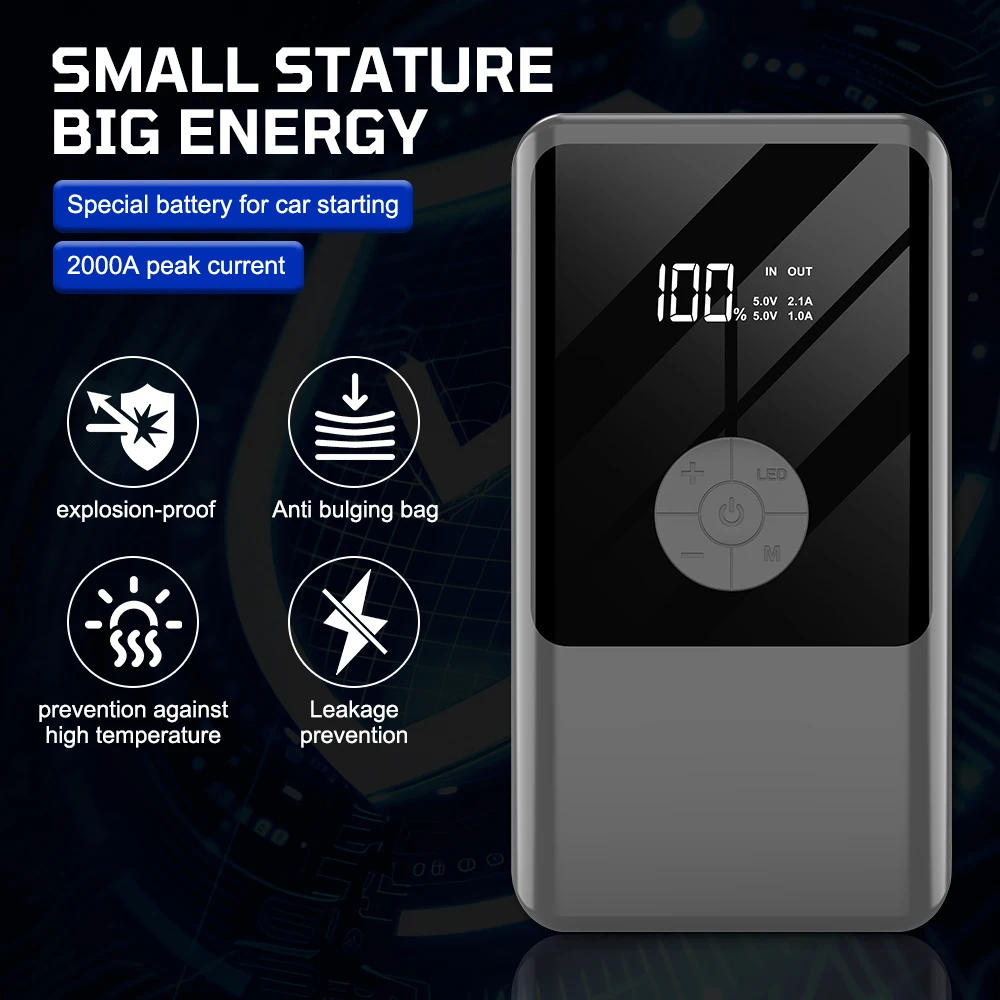 Power Bank Automobile Battery Booster Power Pack with LED Light 2000A Peaks Digital with Air Compressor Jump Starter - Image 5