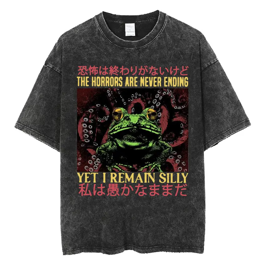 The Horrors Are Never Ending Yet I Remain Silly T-shirt Funny Japanese Style Frog Retro Washed T Shirt Men's Oversized Tees Tops - Image 2