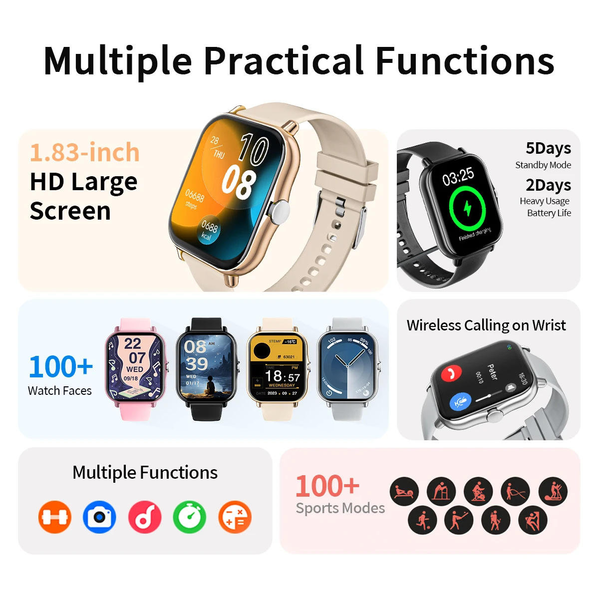 New Smartwatch BT Call Health&Sleep Monitoring 1.83''HD Screen Kids Smart Watch Waterproof Fashoin Sports Bracelet For Women Men - Image 3
