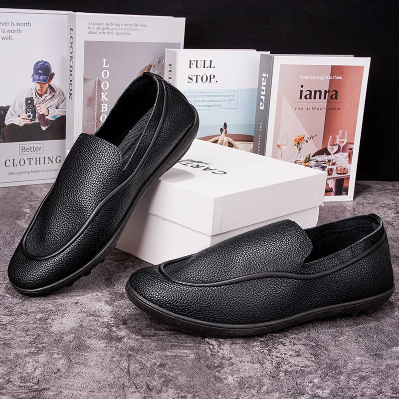 Mens Cross Border Leather Shoes Simple Loafers Comfortable Soft Sole Slip On Walking Shoes Flat Shoes Wholesale - Image 2