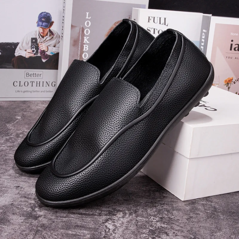 Mens Cross Border Leather Shoes Simple Loafers Comfortable Soft Sole Slip On Walking Shoes Flat Shoes Wholesale
